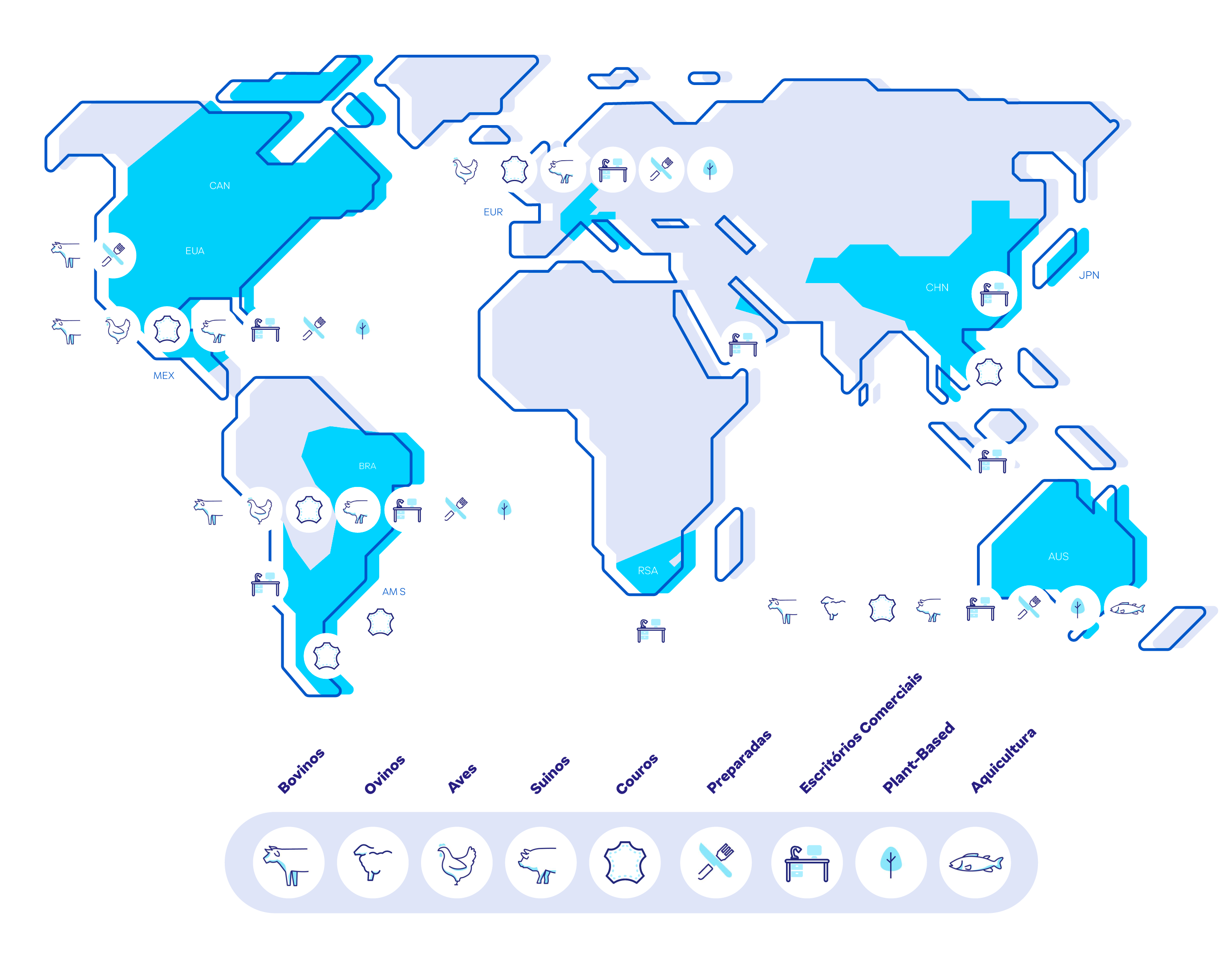 mapa mundi azul com localizações específicas com ícone de bovinos-aves-suinos-couros-preparadas-escritórios comerciais-plant based-aquicultura