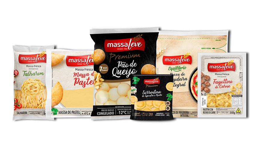 seis embalagens de alimentos da marca Massa Leve