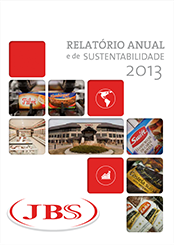 Capa PDF Relatório Anual de Sustentabilidade 2013 com caixinhas demonstrativas de algumas marcas JBS e o logo da JBS vermelho