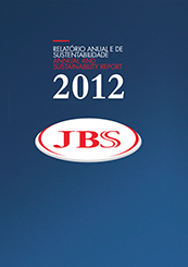 Capa PDF Relatório Anual de Sustentabilidade 2012 fundo azul com logo JBS vermelho