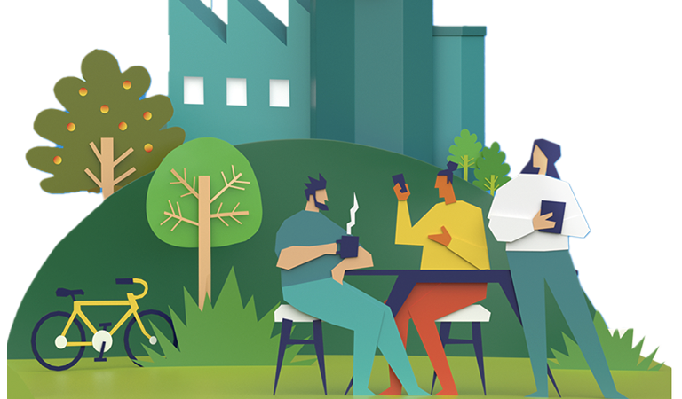 Imagem desenho com uma bicicleta amarela, três pessoas sentadas em uma bancada tomando café, conversando, mexendo no celular e lendo livro com fundo de natureza com fábrica