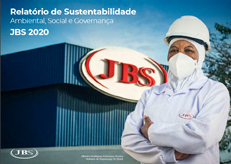 Capa PDF Relatório Anual de Sustentabilidade 2020 com a fábrica da JBS no fundo e uma mulher com EPI e uniforme branco
